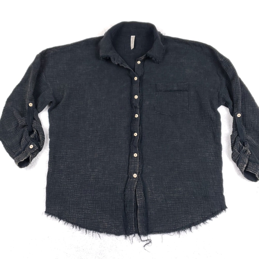 Zenana Washed Black Cotton Double Gauze Roll Tab Button Down Shirt Boho Gauze